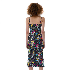 Day Of The Dead Mariachi Skeletons Print Slim Fit Midi Cami Dress