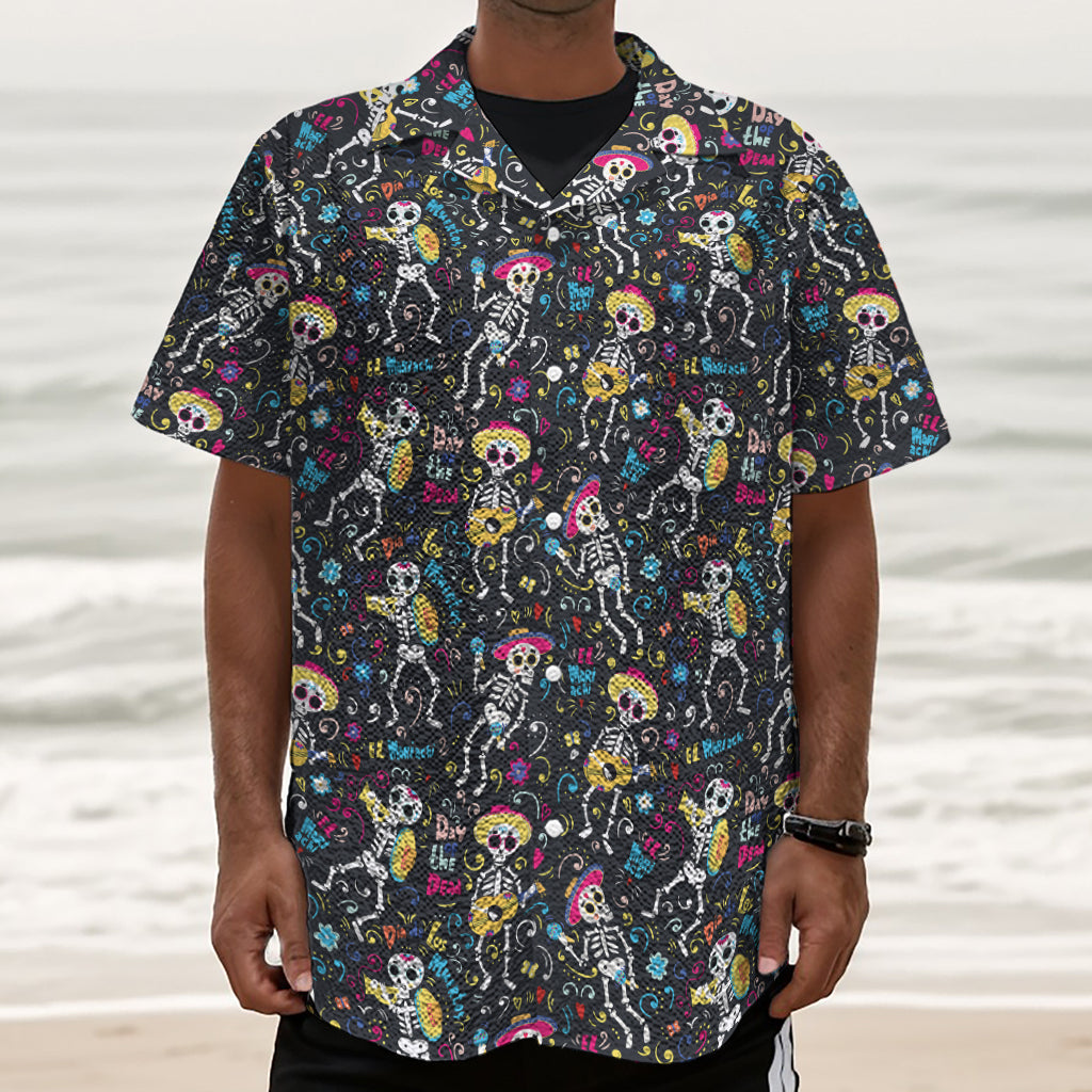 Day Of The Dead Mariachi Skeletons Print Textured Short Sleeve Shirt