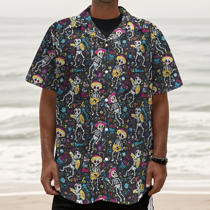 Day Of The Dead Mariachi Skeletons Print Textured Short Sleeve Shirt
