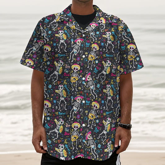 Day Of The Dead Mariachi Skeletons Print Textured Short Sleeve Shirt