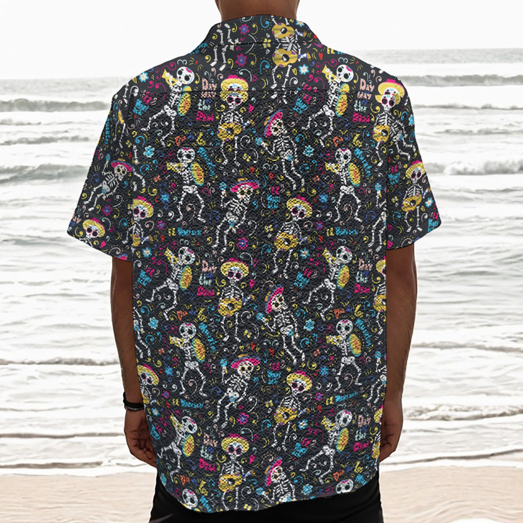 Day Of The Dead Mariachi Skeletons Print Textured Short Sleeve Shirt