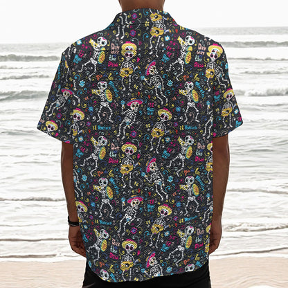 Day Of The Dead Mariachi Skeletons Print Textured Short Sleeve Shirt