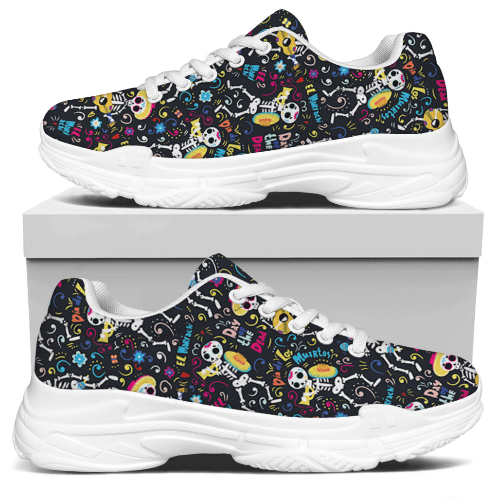 Day Of The Dead Mariachi Skeletons Print White Chunky Shoes