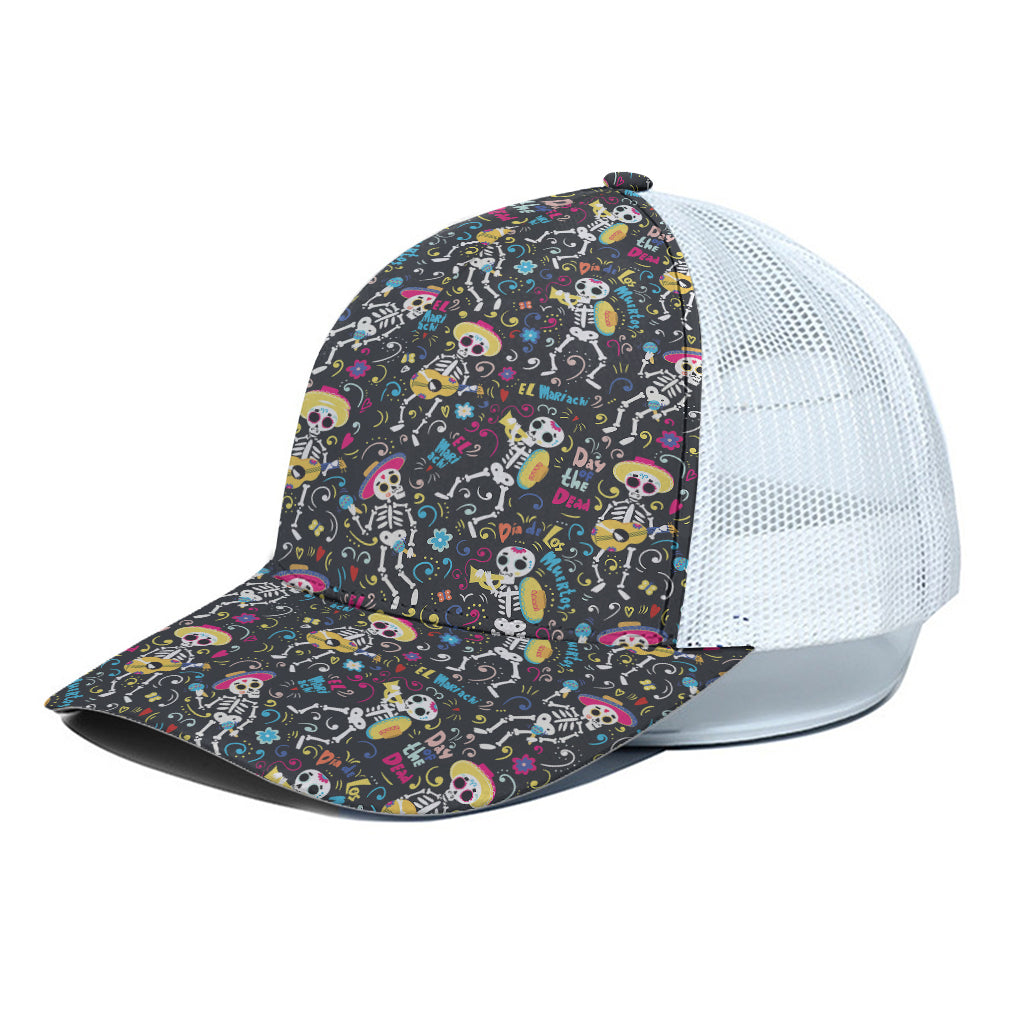 Day Of The Dead Mariachi Skeletons Print White Mesh Trucker Cap