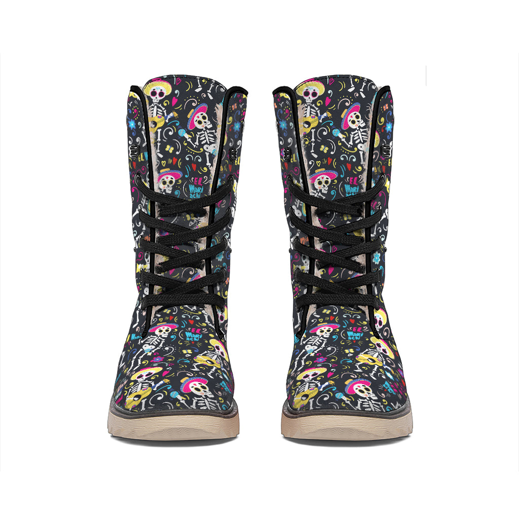 Day Of The Dead Mariachi Skeletons Print Winter Boots