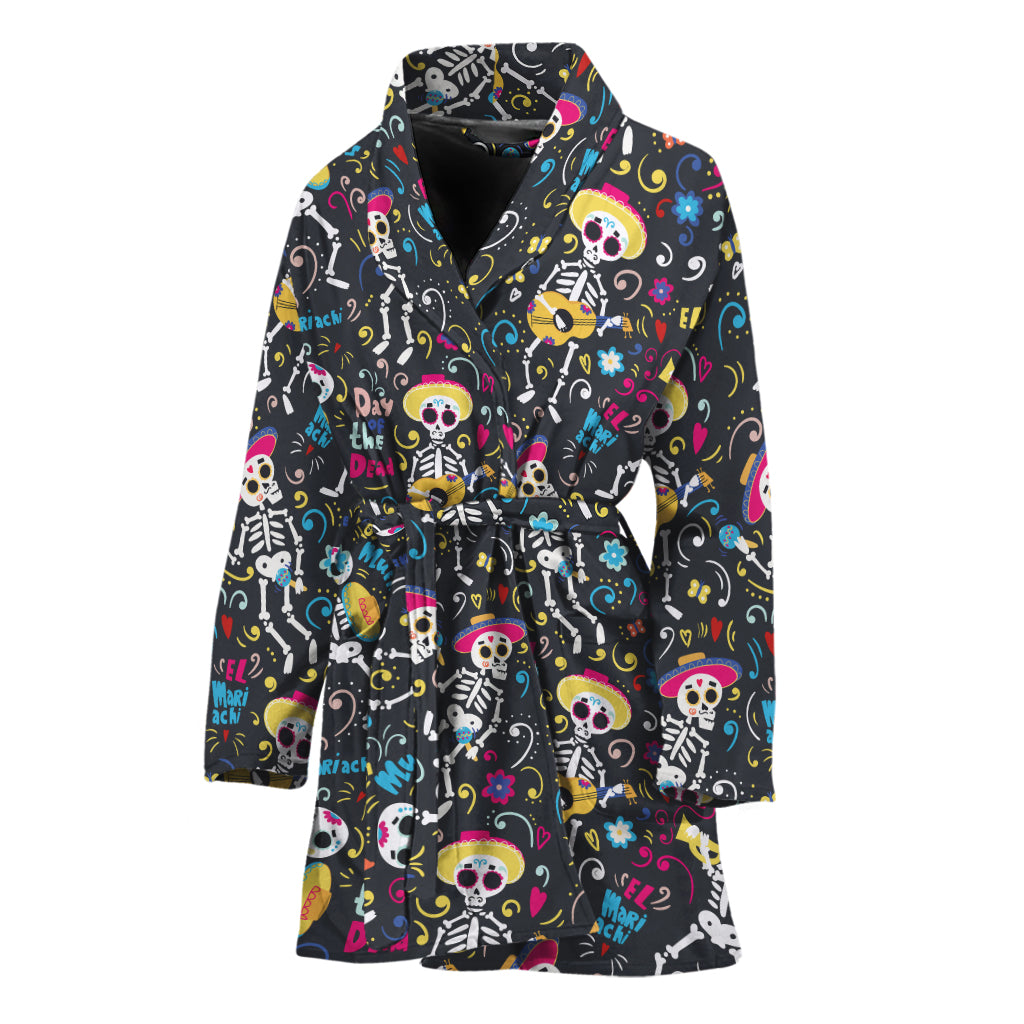 Day Of The Dead Mariachi Skeletons Print Women's Bathrobe