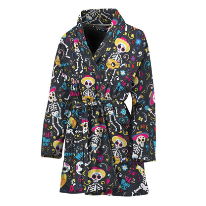 Day Of The Dead Mariachi Skeletons Print Women's Bathrobe