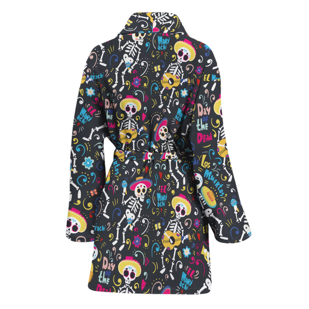 Day Of The Dead Mariachi Skeletons Print Women's Bathrobe