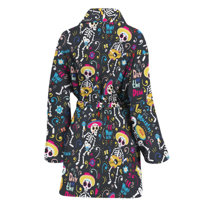 Day Of The Dead Mariachi Skeletons Print Women's Bathrobe