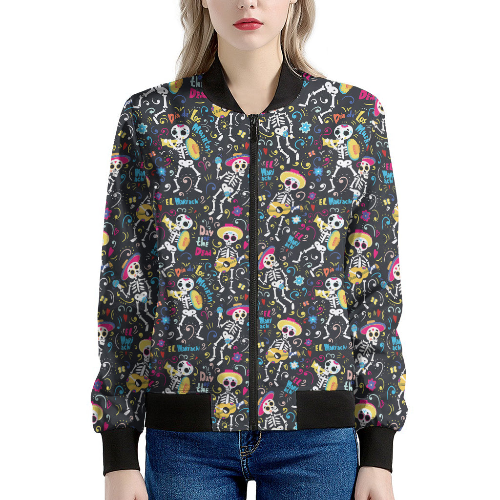 Day Of The Dead Mariachi Skeletons Print Women's Bomber Jacket