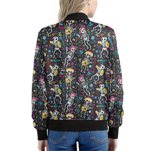 Day Of The Dead Mariachi Skeletons Print Women's Bomber Jacket