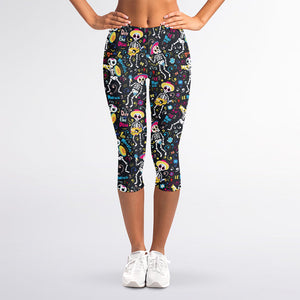 Day Of The Dead Mariachi Skeletons Print Women's Capri Leggings