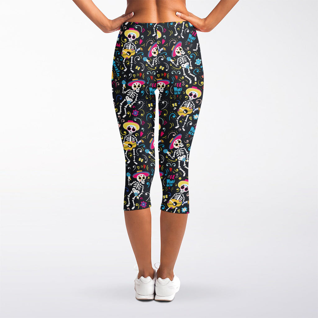 Day Of The Dead Mariachi Skeletons Print Women's Capri Leggings