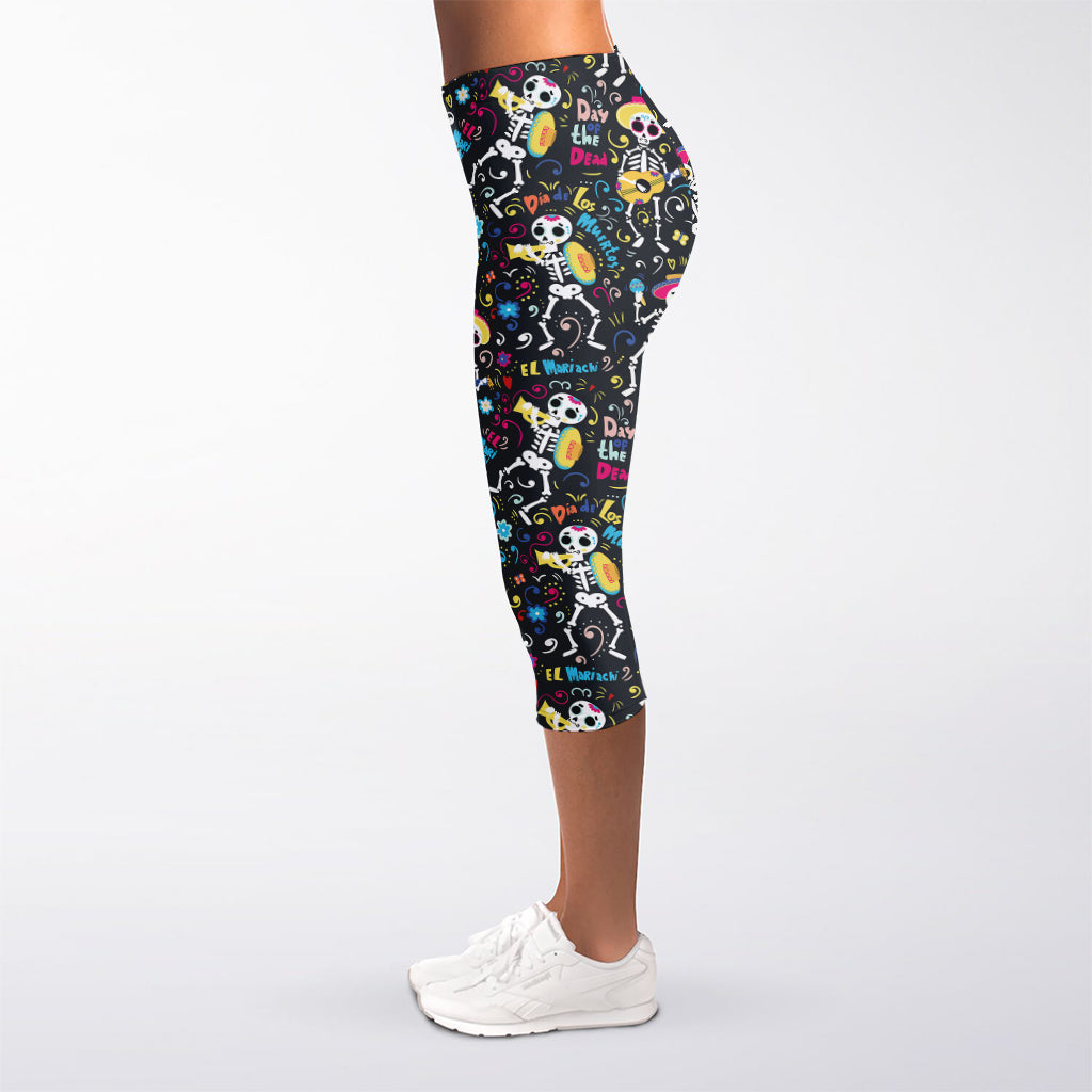 Day Of The Dead Mariachi Skeletons Print Women's Capri Leggings