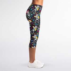 Day Of The Dead Mariachi Skeletons Print Women's Capri Leggings