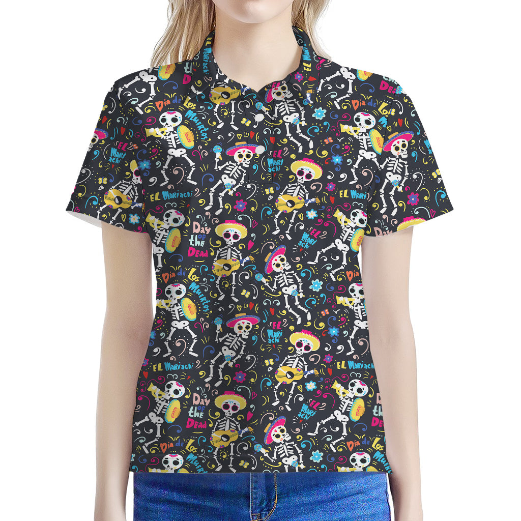 Day Of The Dead Mariachi Skeletons Print Women's Polo Shirt