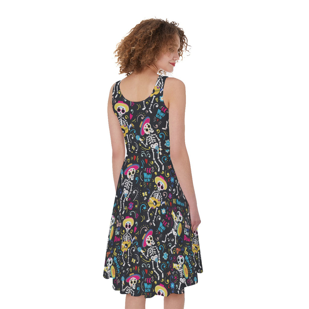 Day Of The Dead Mariachi Skeletons Print Women's Sleeveless Dress