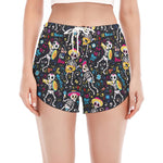 Day Of The Dead Mariachi Skeletons Print Women's Split Running Shorts