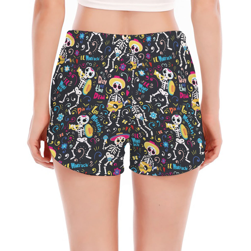 Day Of The Dead Mariachi Skeletons Print Women's Split Running Shorts