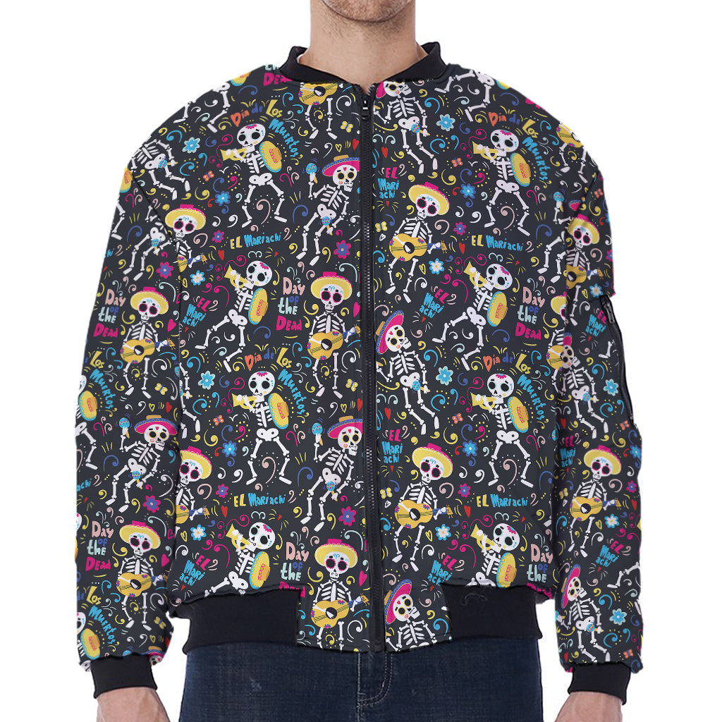 Day Of The Dead Mariachi Skeletons Print Zip Sleeve Bomber Jacket