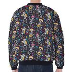 Day Of The Dead Mariachi Skeletons Print Zip Sleeve Bomber Jacket