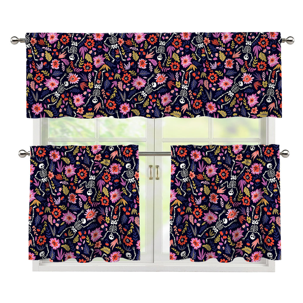 Day Of The Dead Skeleton Pattern Print 3 Piece Kitchen Curtains