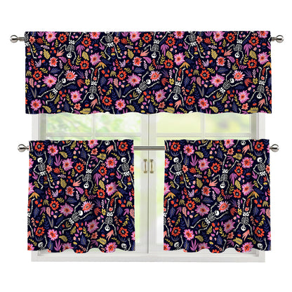 Day Of The Dead Skeleton Pattern Print 3 Piece Kitchen Curtains