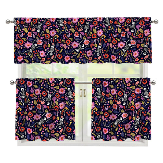 Day Of The Dead Skeleton Pattern Print 3 Piece Kitchen Curtains