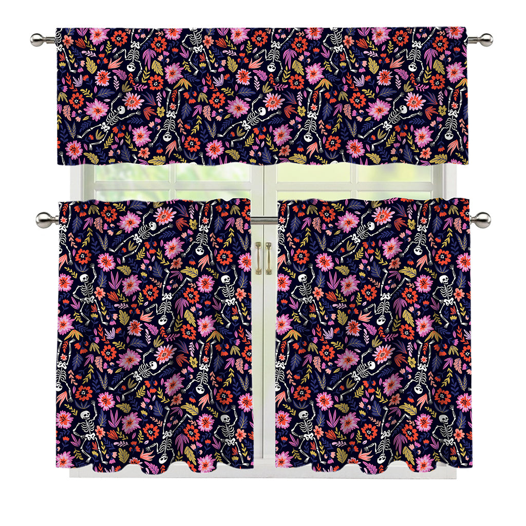Day Of The Dead Skeleton Pattern Print 3 Piece Kitchen Curtains