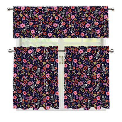 Day Of The Dead Skeleton Pattern Print 3 Piece Kitchen Curtains