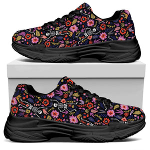 Day Of The Dead Skeleton Pattern Print Black Chunky Shoes