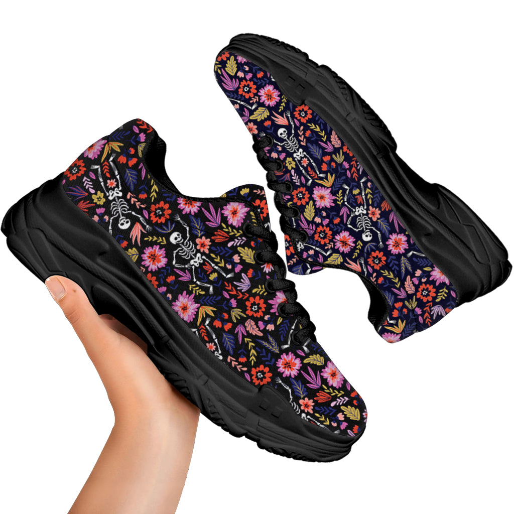 Day Of The Dead Skeleton Pattern Print Black Chunky Shoes