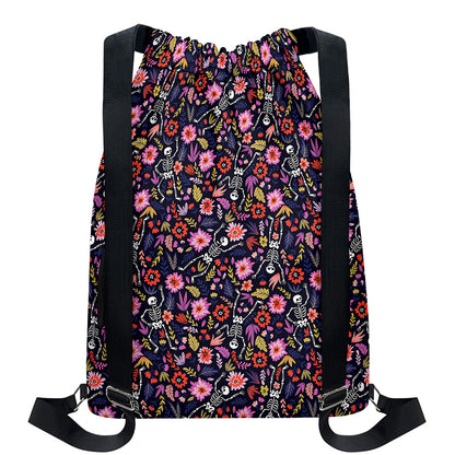 Day Of The Dead Skeleton Pattern Print Drawstring Backpack