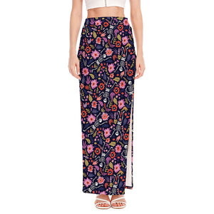 Day Of The Dead Skeleton Pattern Print High Slit Maxi Skirt