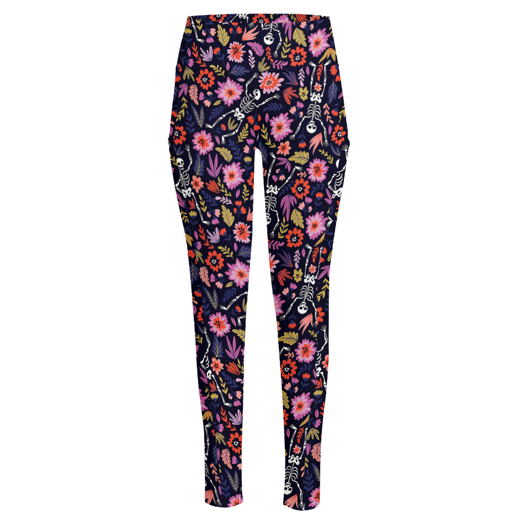 Day Of The Dead Skeleton Pattern Print High-Waisted Pocket Leggings