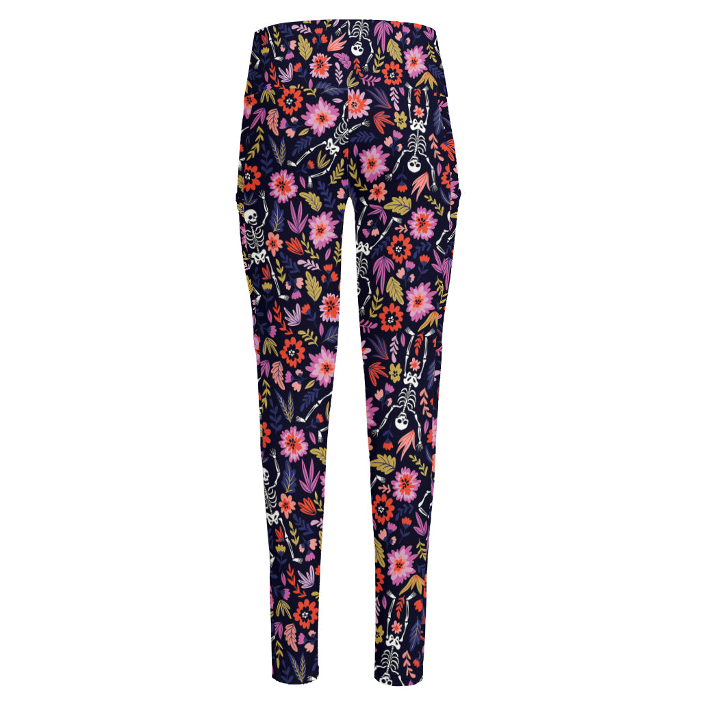 Day Of The Dead Skeleton Pattern Print High-Waisted Pocket Leggings