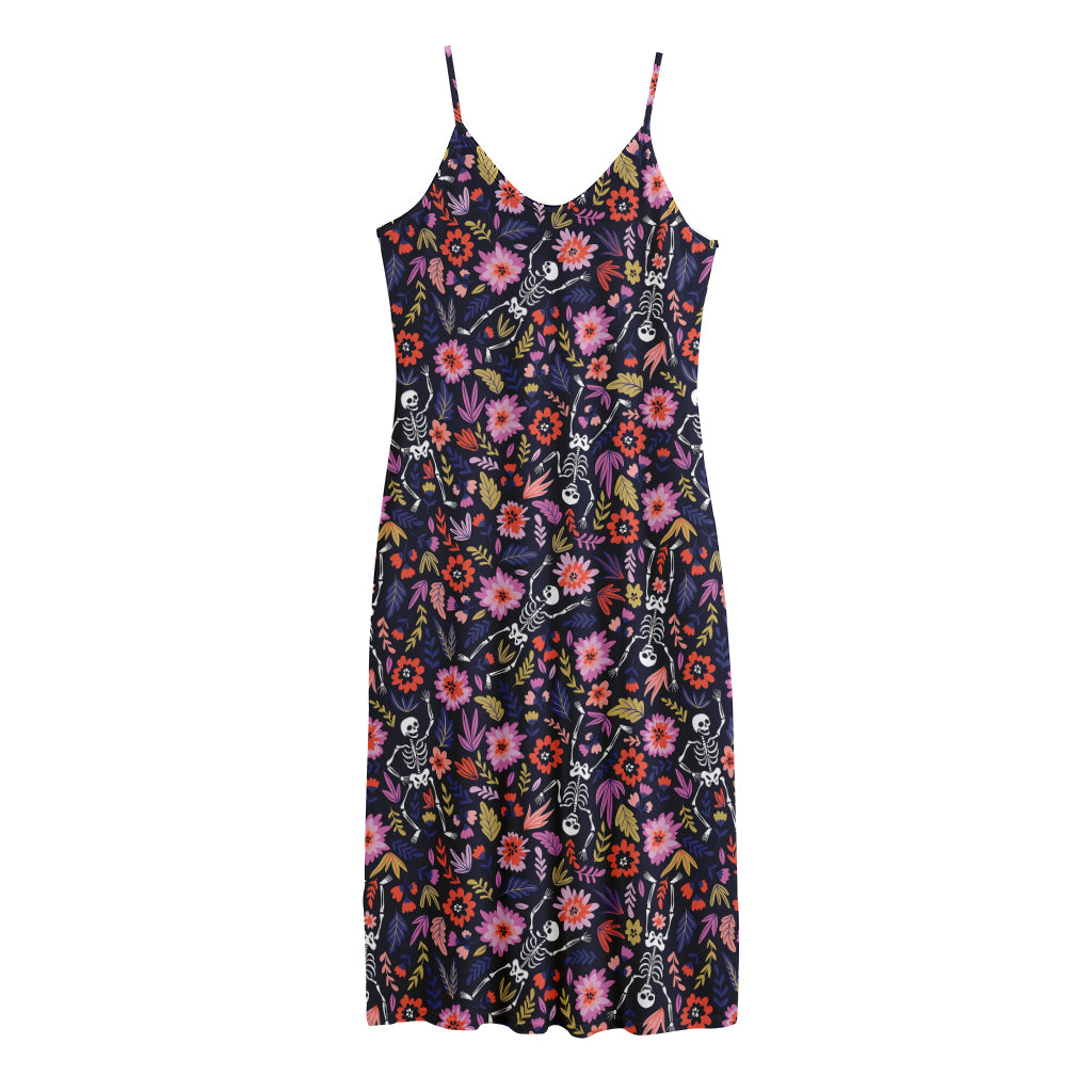 Day Of The Dead Skeleton Pattern Print Jersey Midi Cami Dress