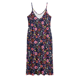 Day Of The Dead Skeleton Pattern Print Jersey Midi Cami Dress