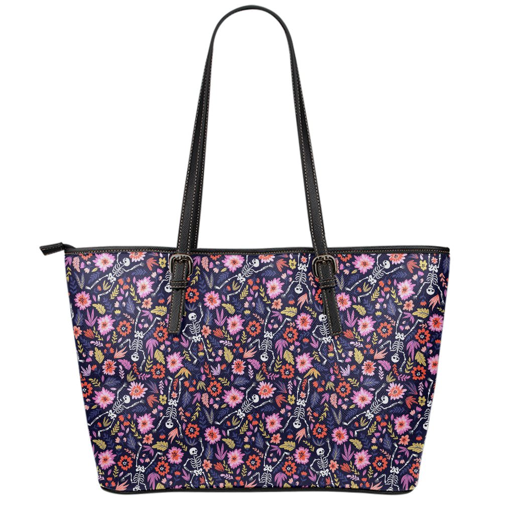 Day Of The Dead Skeleton Pattern Print Leather Tote Bag