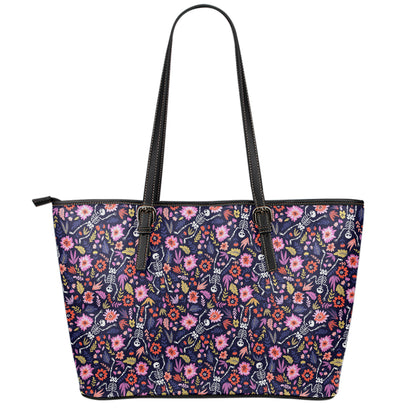 Day Of The Dead Skeleton Pattern Print Leather Tote Bag