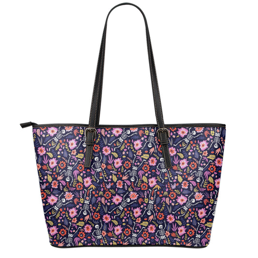 Day Of The Dead Skeleton Pattern Print Leather Tote Bag