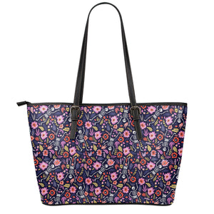 Day Of The Dead Skeleton Pattern Print Leather Tote Bag