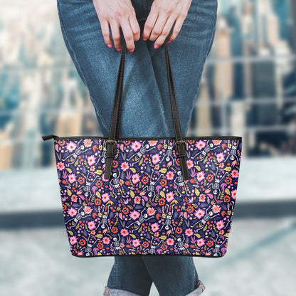 Day Of The Dead Skeleton Pattern Print Leather Tote Bag