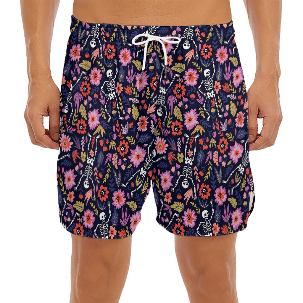 Day Of The Dead Skeleton Pattern Print Men's Split Running Shorts