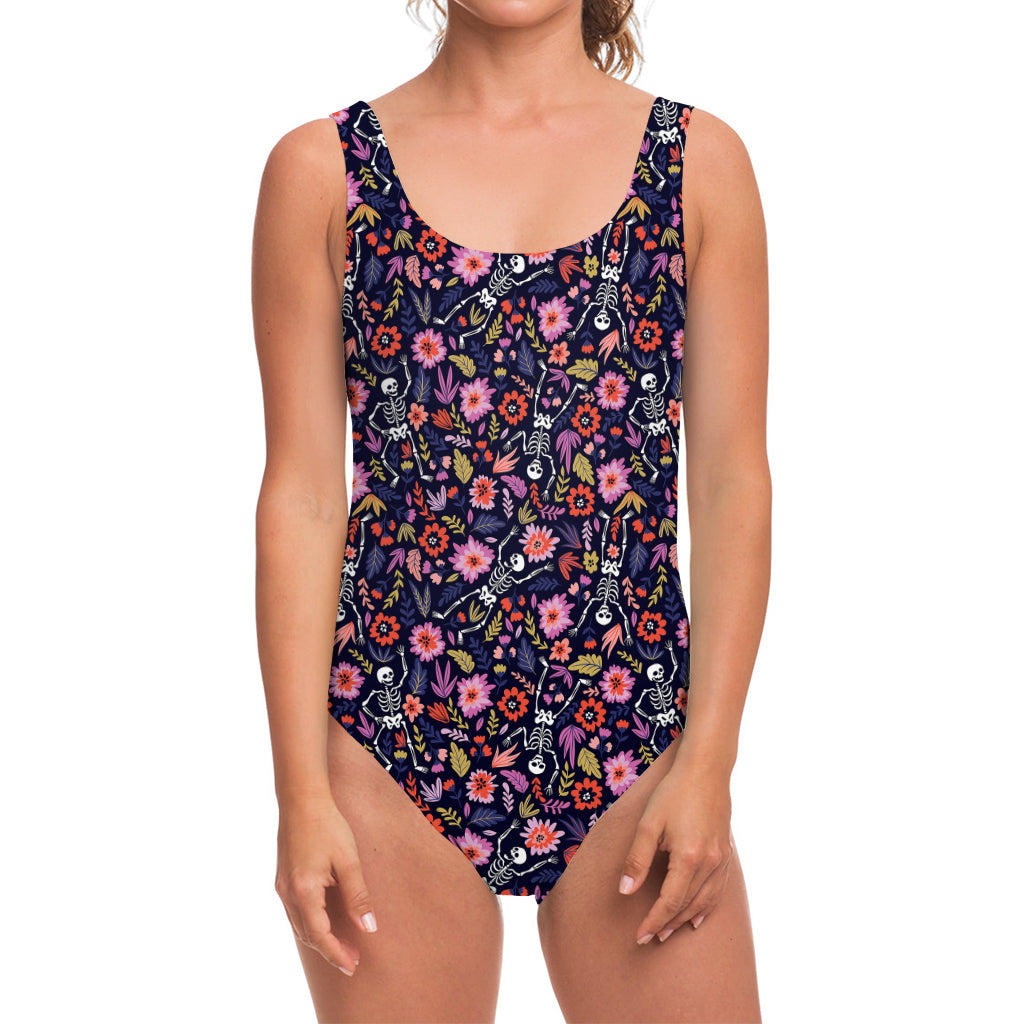 Day Of The Dead Skeleton Pattern Print One Piece Swimsuit