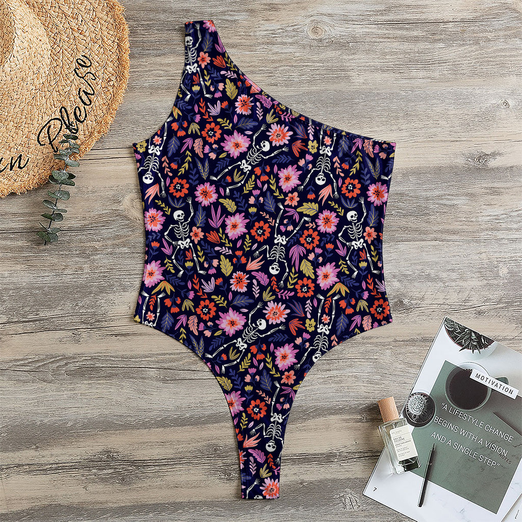 Day Of The Dead Skeleton Pattern Print One Shoulder Bodysuit