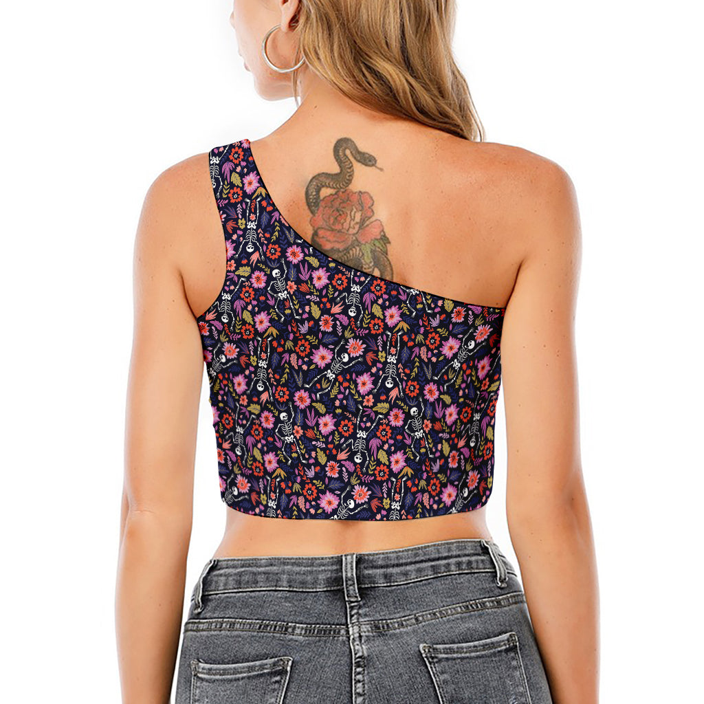 Day Of The Dead Skeleton Pattern Print One Shoulder Crop Top