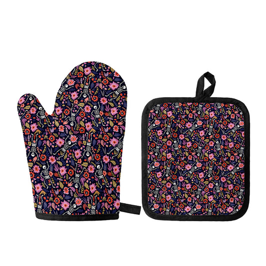Day Of The Dead Skeleton Pattern Print Oven Mitt And Pot Holder Set