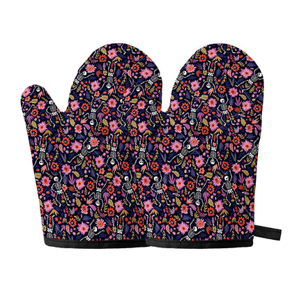 Day Of The Dead Skeleton Pattern Print Oven Mitts