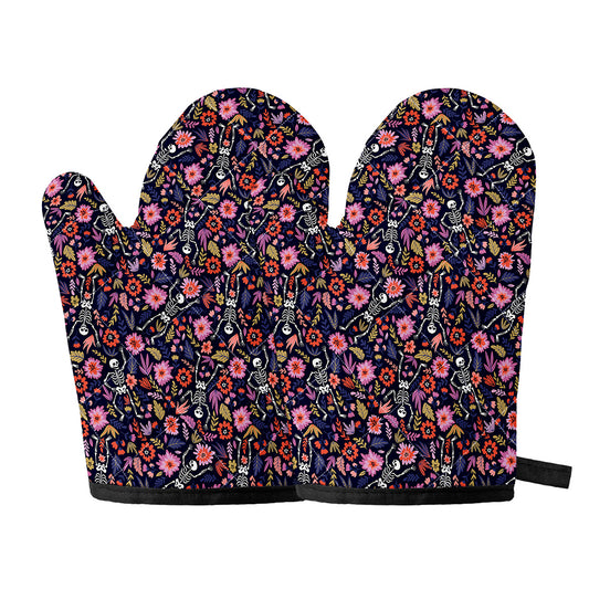 Day Of The Dead Skeleton Pattern Print Oven Mitts